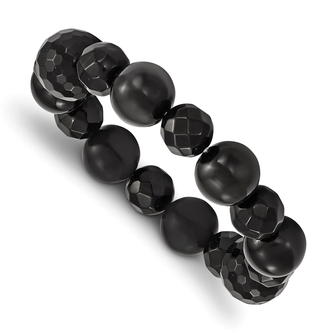 Silver beads Black Agate Stretch Bracelet