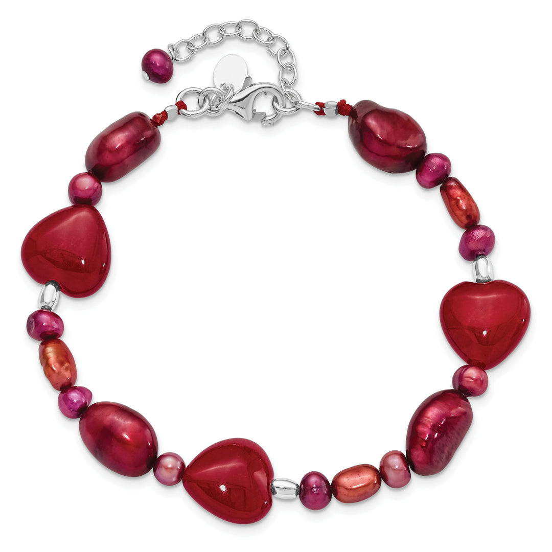 Sterling Silver Red Jade Hearts Pearl Bracelet