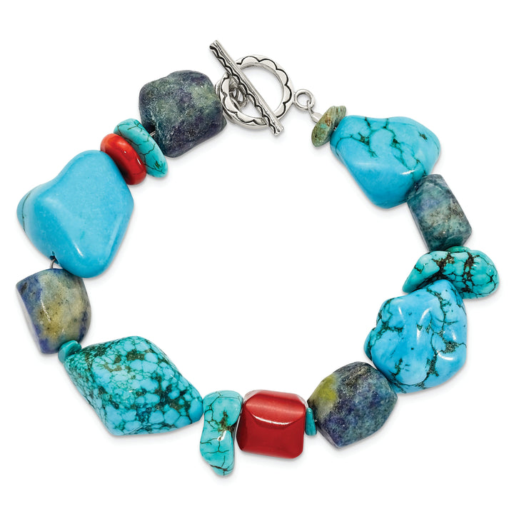 Silver Red Coral Howlite Lapis Turquoise Bracelet