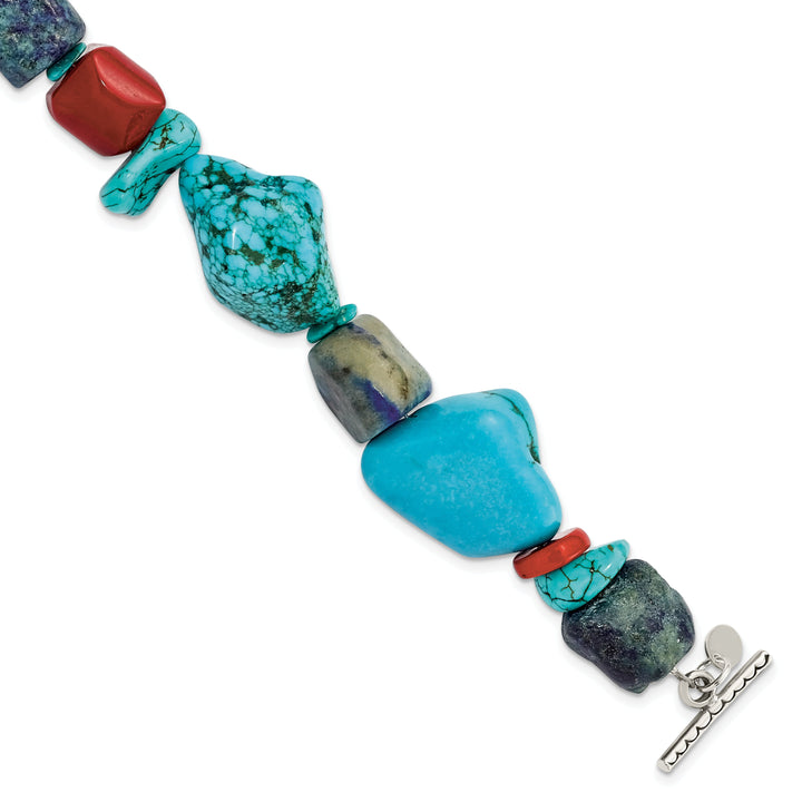 Silver Red Coral Howlite Lapis Turquoise Bracelet