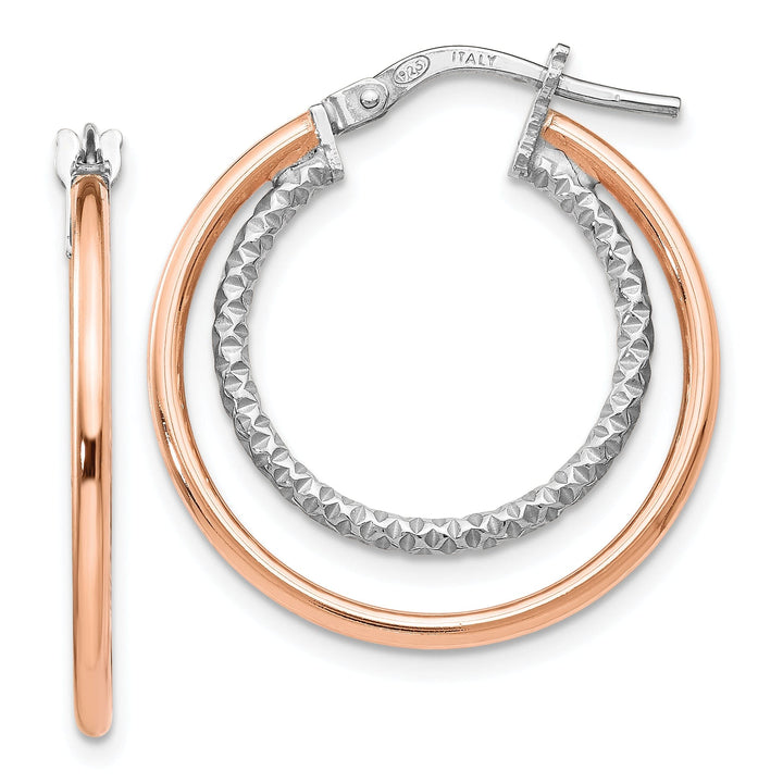 Silver Rose Gold-tone Diamond Cut Hoop Earrings