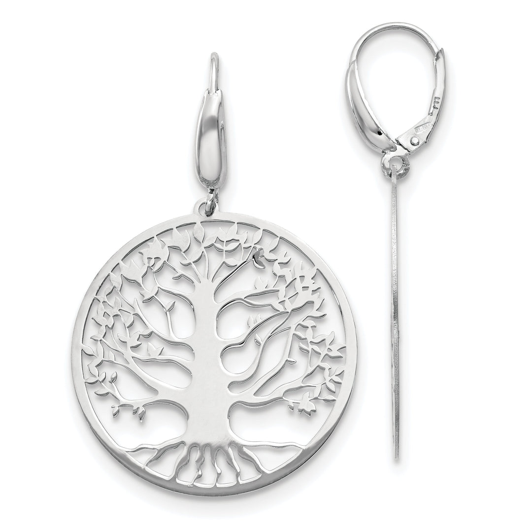 Silver Polished Tree of Life Leverback Dangle Earrings