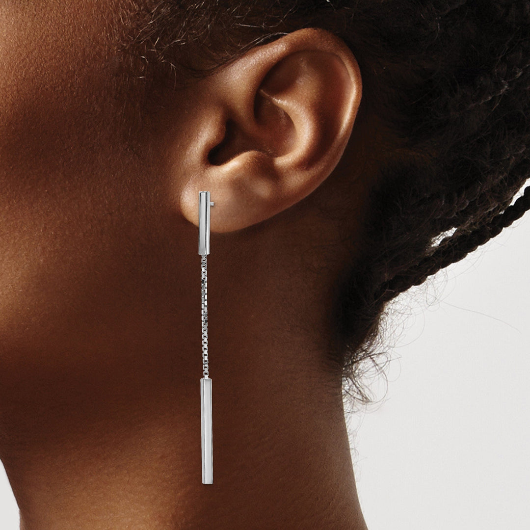 Silver Rhodium Polished Finish Bar Dangle Post Earrings