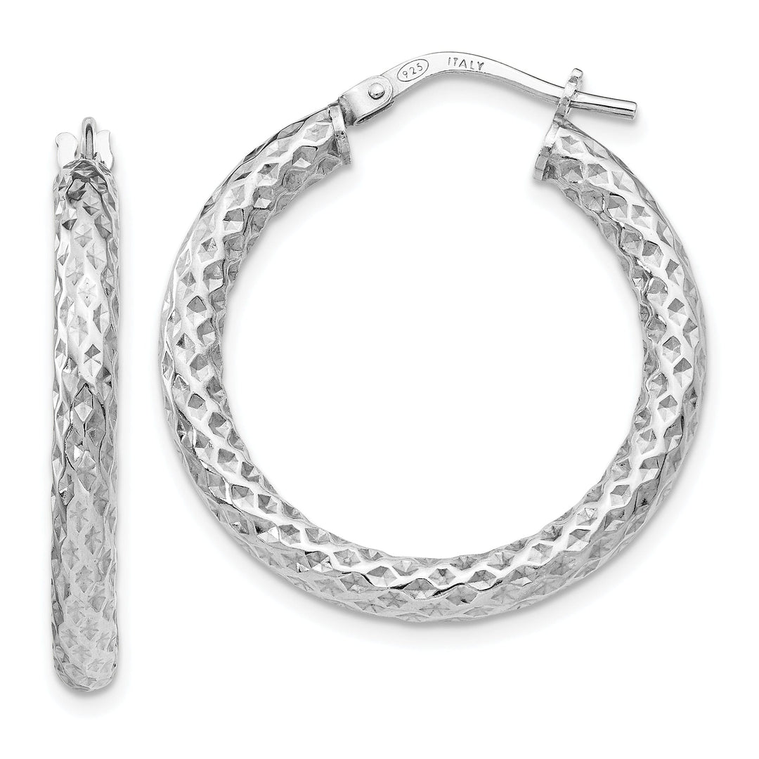 Silver Polished Textured Hinged Hoop Earrings