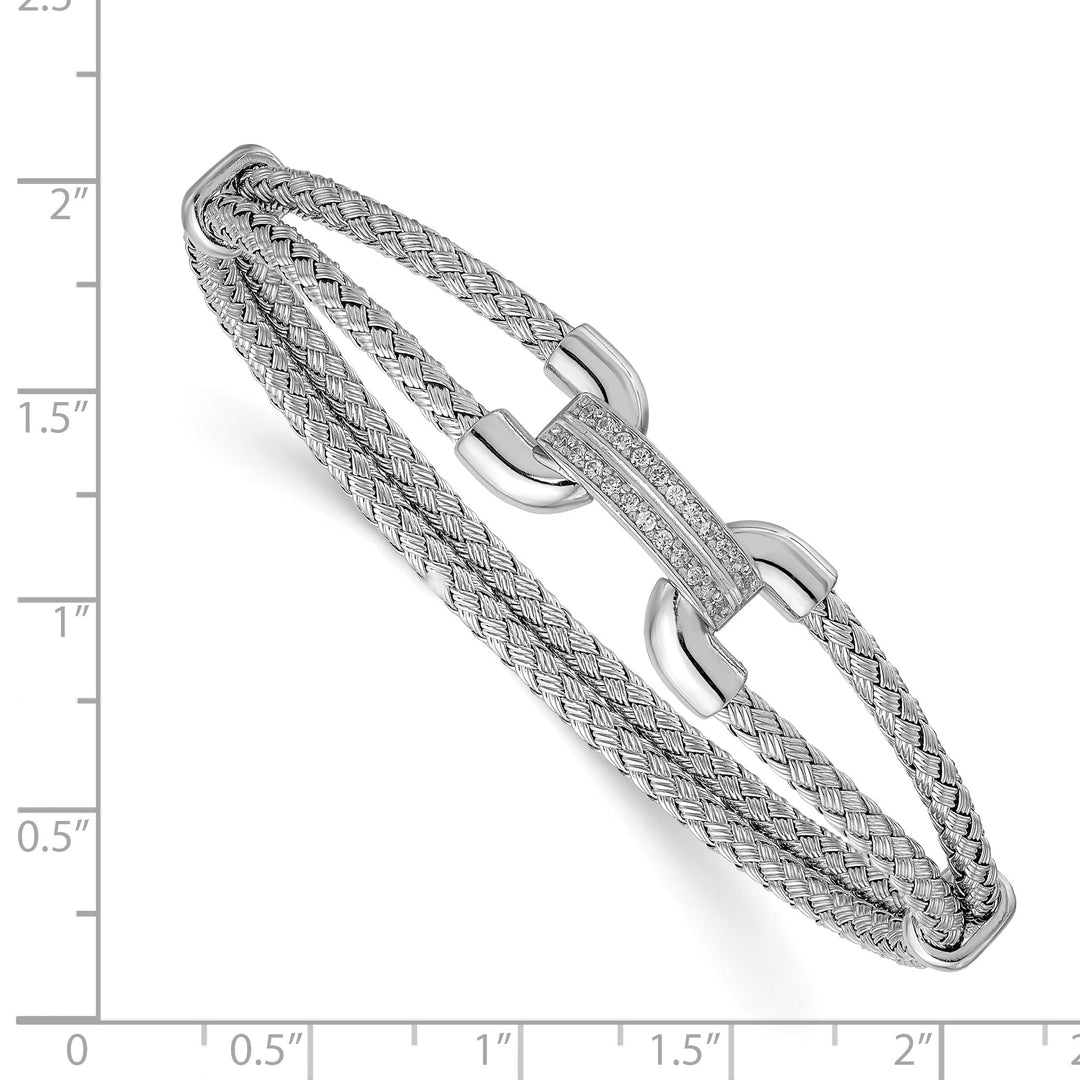 Sterling Silver Polished CZ Woven Flexible Cuff