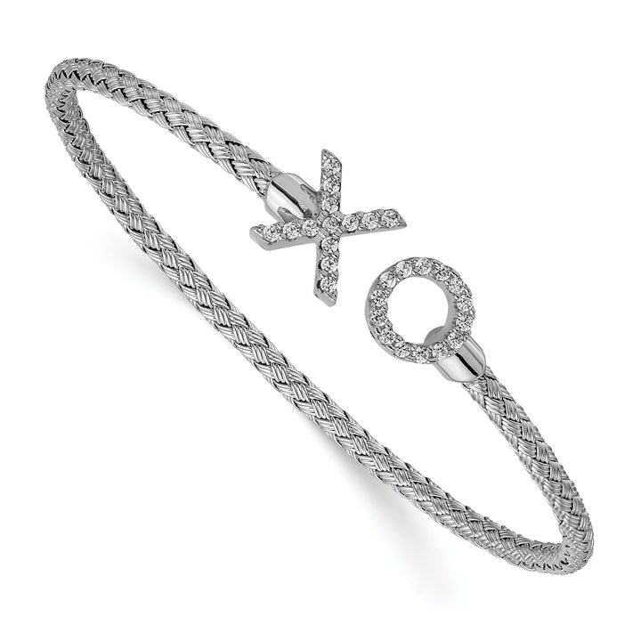 Silver Polished C.Z X and O Woven Flexible Cuff