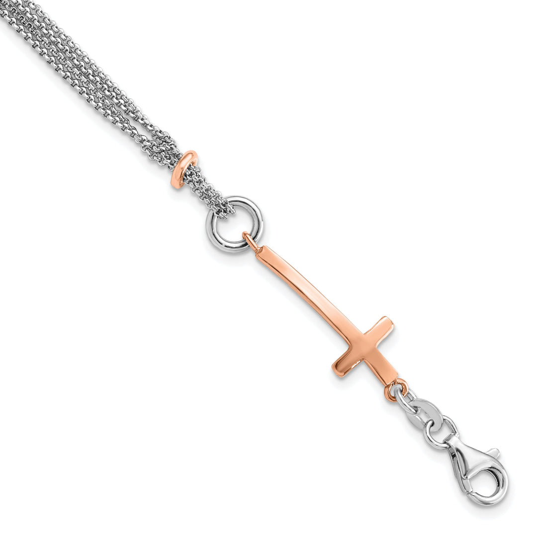 Sterling Silver Rose Gold-tone Cross Bracelet