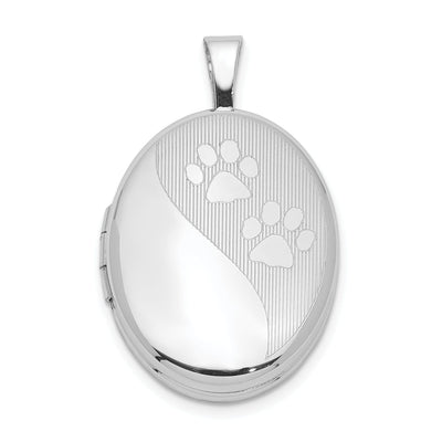 Sterling Silver Rhodium-plated Oval Satin and Polished Paw Prints Locket