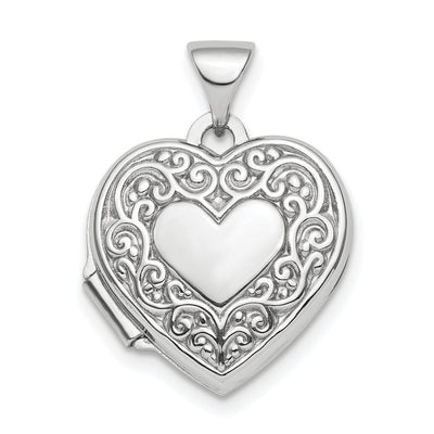 Sterling Silver Rhod-plated Scroll Design Front and Back 15mm Heart Locket