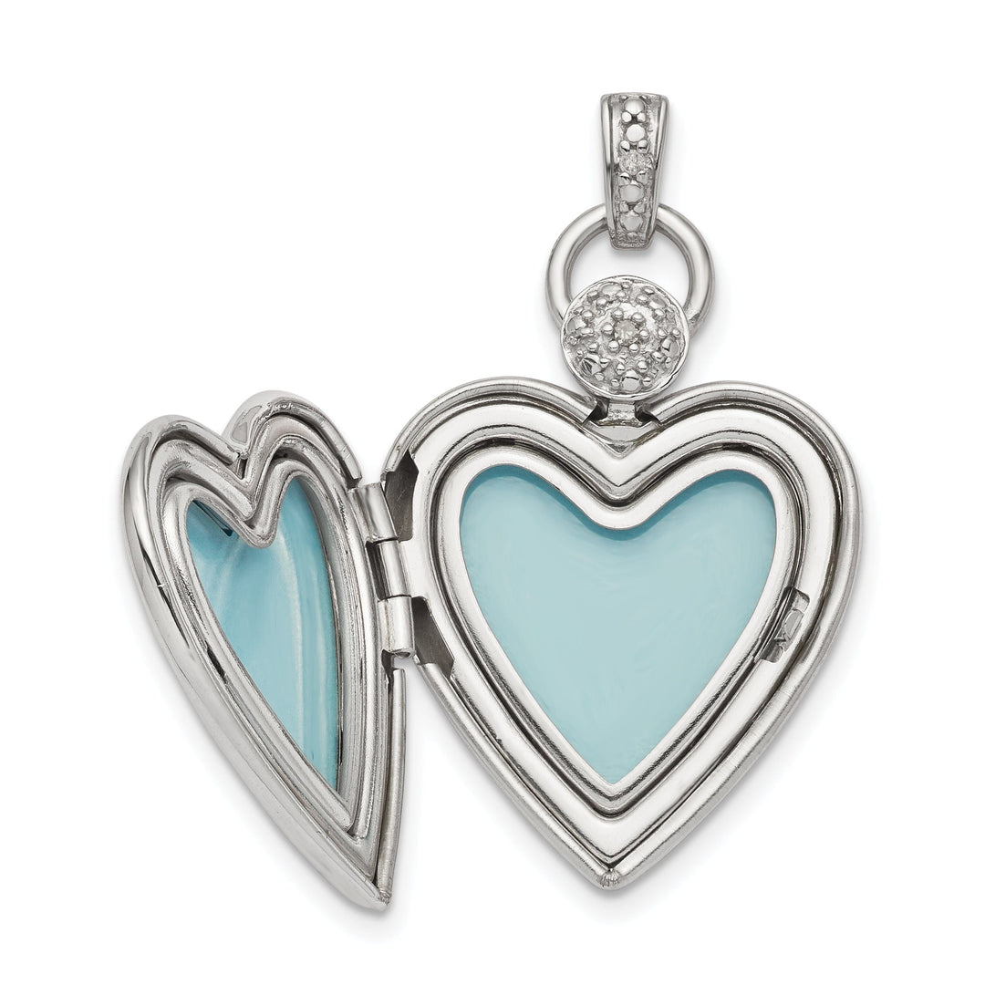 Sterling Silver Rhodium-plate 21mm Heart Dia. Accent diamond cut Satin Locket