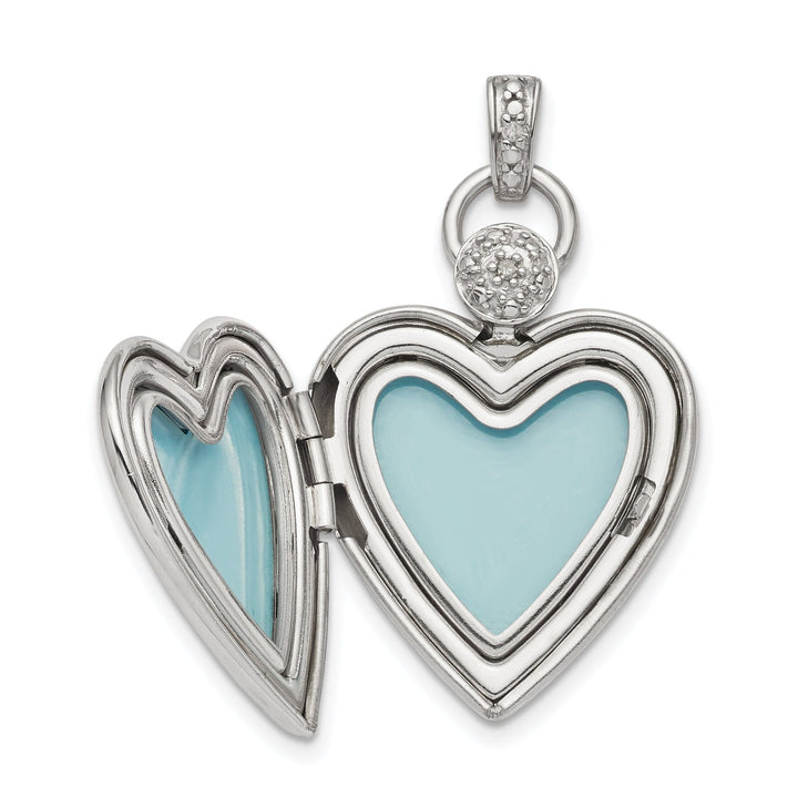 Sterling Silver Rhodium-plate 21mm Heart Dia. Accent diamond cut Satin Locket