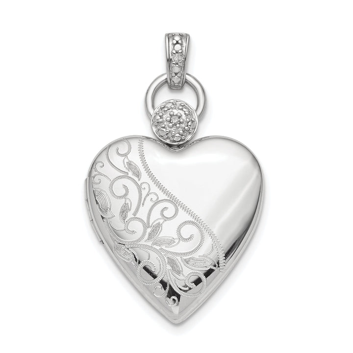 Sterling Silver Rhodium-plate 21mm Heart Dia. Accent diamond cut Satin Locket
