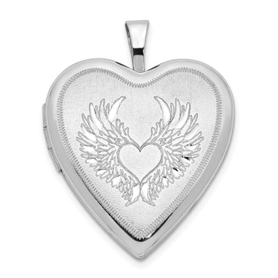Sterling Silver 21mm Brushed and Polished Heart with Wings Heart Locket