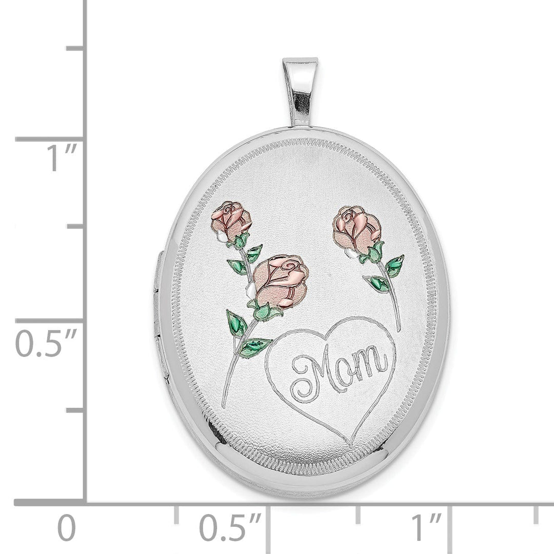 Sterling Silver RH 26mm Brushed/Polished Enameled Roses Mom Oval Locket