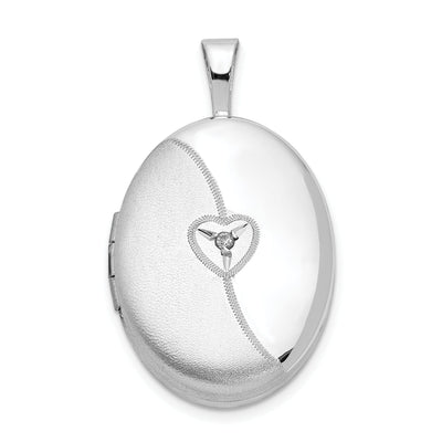 Sterling Silver 19mm Diamond Brushed and Polished Heart Oval Locket