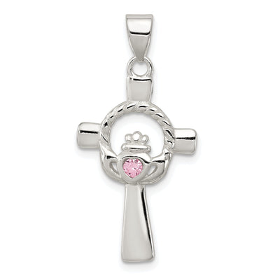 Silver Polished Pink C.Z Claddagh Cross Pendant