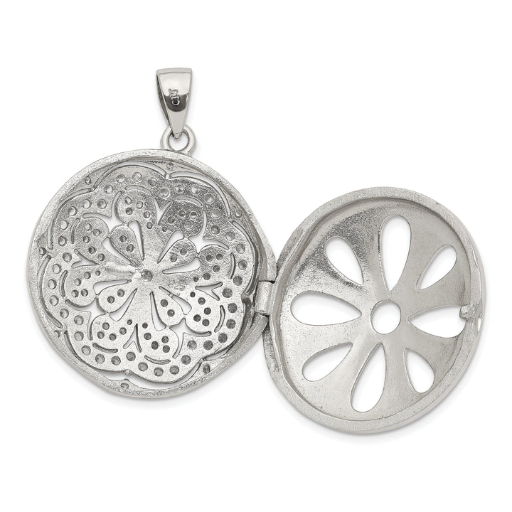 Sterling Silver CZ Circle w/ Flower Design Locket Pendant