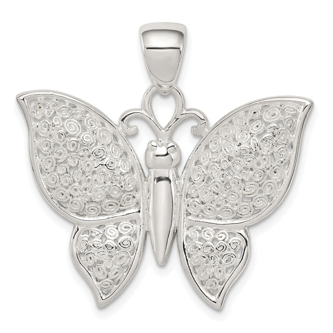 Silver Polished Textured Butterfly Pendant