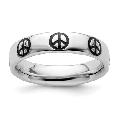 Sterling Silver Polished Enameled Peace Sign Ring