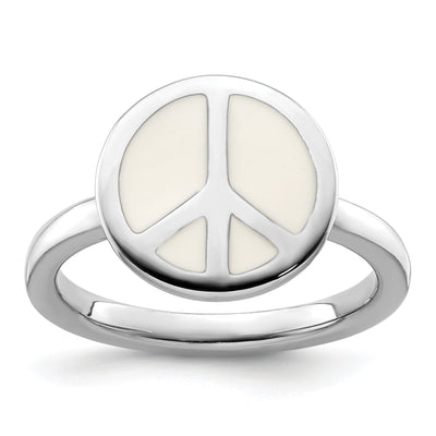Sterling Silver White Enameled Peace Sign Ring