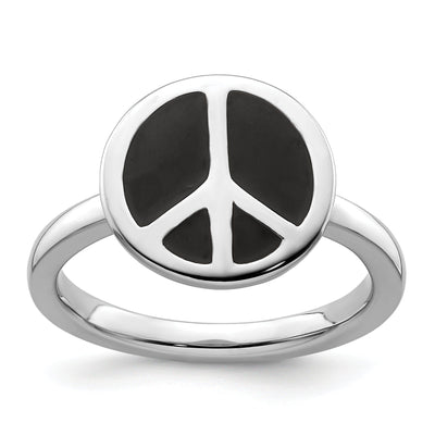 Sterling Silver Black Enameled Peace Sign Ring