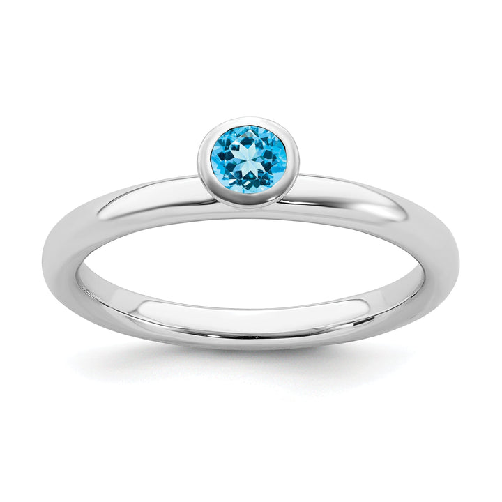 Sterling Silver High 4MM Round Blue Topaz Ring