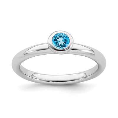 Sterling Silver Low 4MM Round Blue Topaz Ring