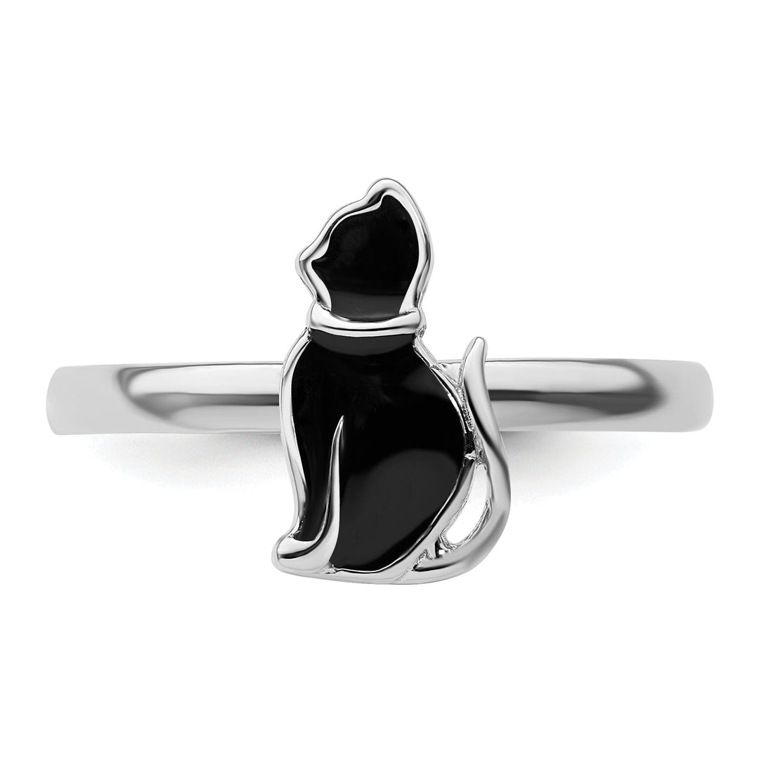 Sterling Silver Black Enameled Cat Ring