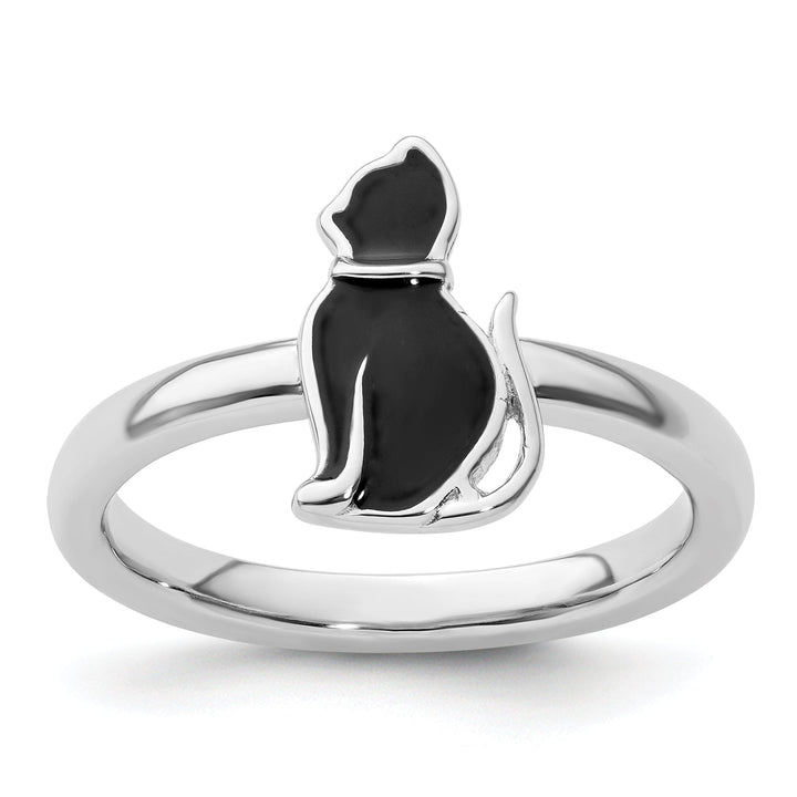 Sterling Silver Black Enameled Cat Ring