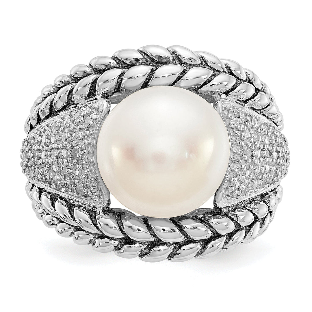 Sterling Silver Cultured Pearl Diamond Ring