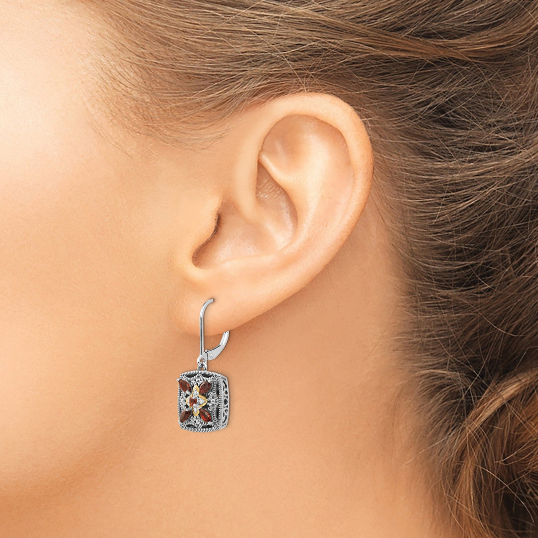 Sterling Silver Gold Diamond Garnet Earrings