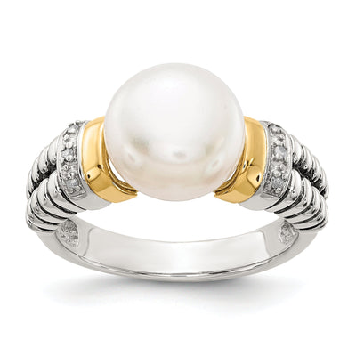 Sterling Silver Gold Diamond Pearl Ring