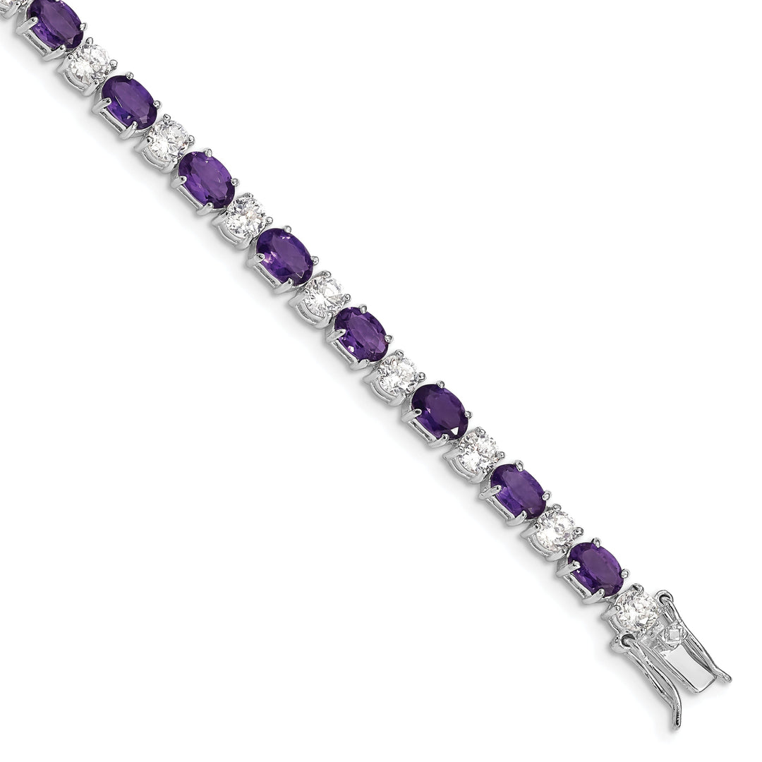 Silver Polished Amethyst Gemstone C.Z Bracelet