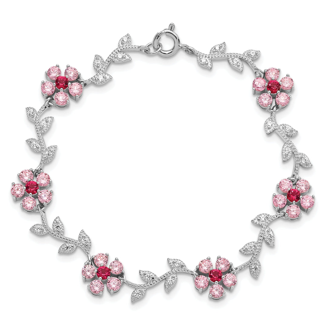 Silver Pink Cubic Zirconia Flower Bracelet