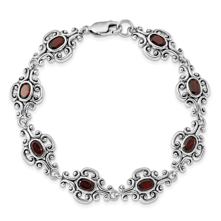 Silver Polished Finish Antiqued Garnet Bracelet