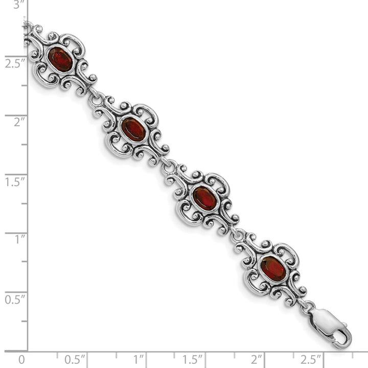 Silver Polished Finish Antiqued Garnet Bracelet