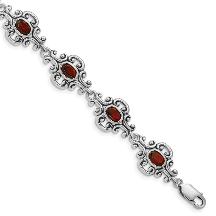 Silver Polished Finish Antiqued Garnet Bracelet