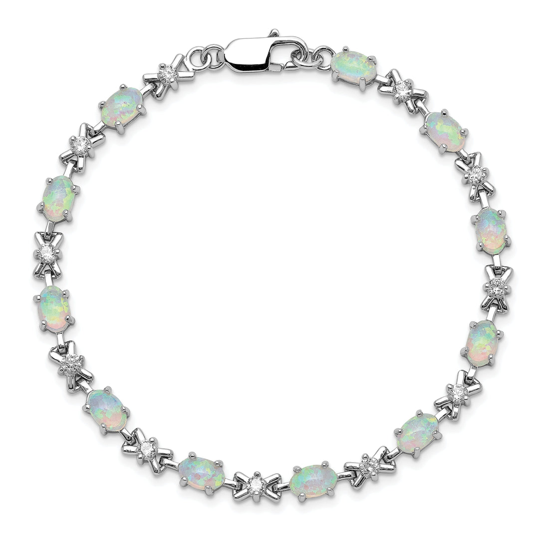 Silver Polished White Created Opal C.Z Bracelet