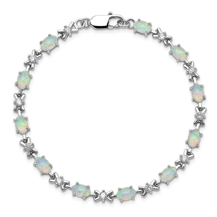 Silver Polished White Created Opal C.Z Bracelet