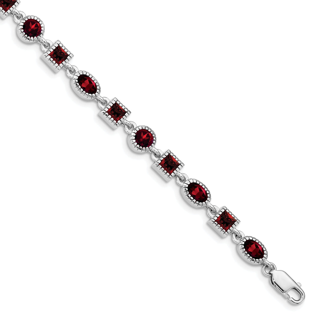 Silver Polished Finish Textured Garnet Bracelet