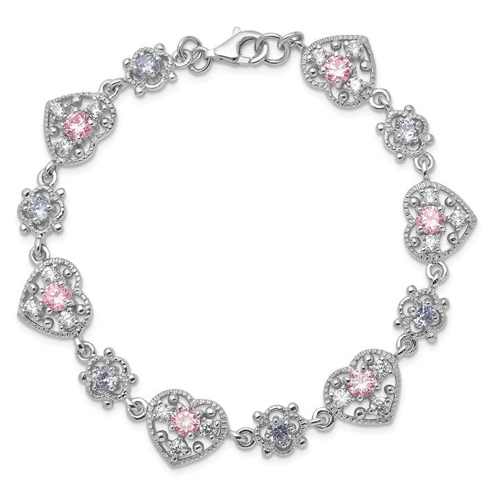 Silver Pink Clear Cubic Zirconia Heart Bracelet