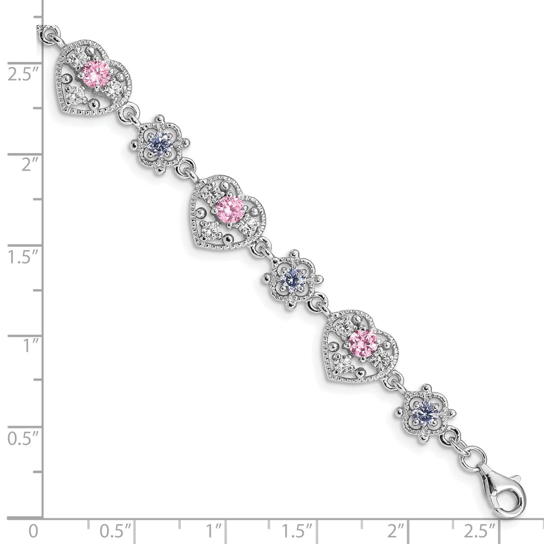 Silver Pink Clear Cubic Zirconia Heart Bracelet