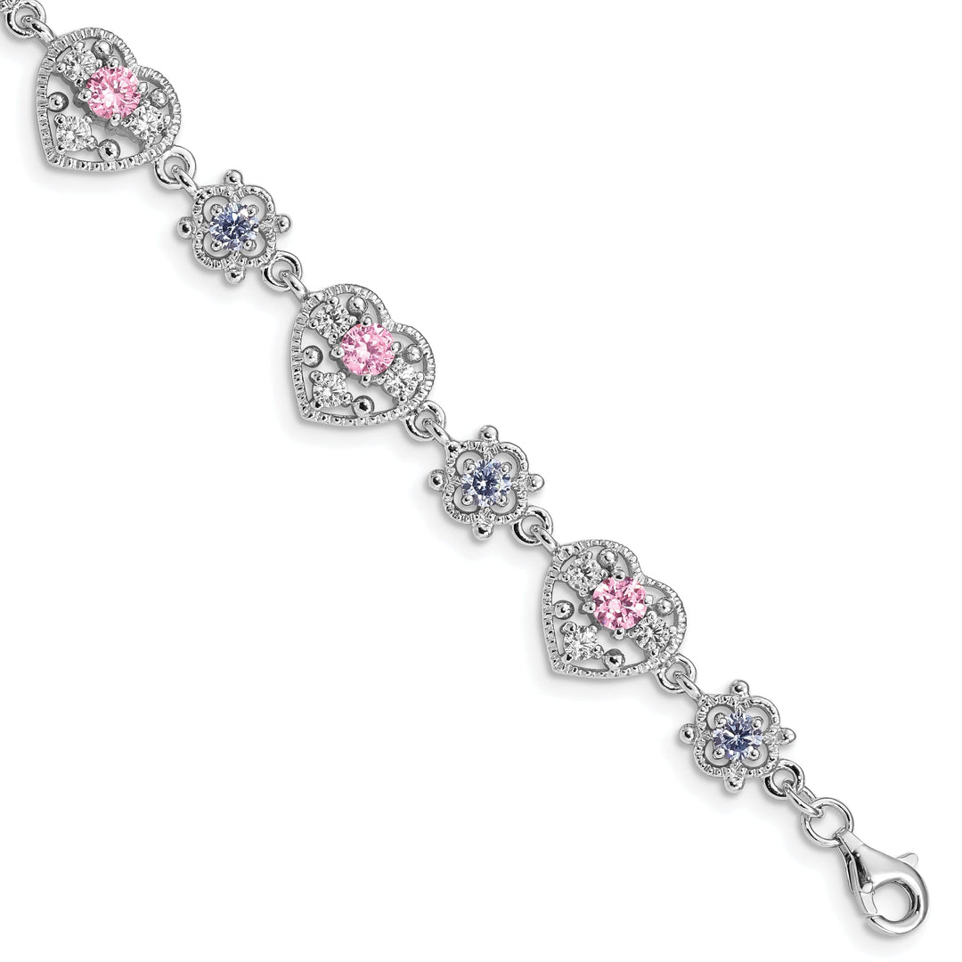 Silver Pink Clear Cubic Zirconia Heart Bracelet