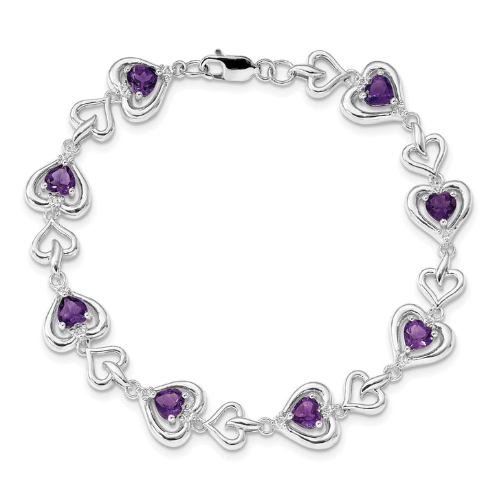 Silver Heart Genuine Amethyst Link Bracelet