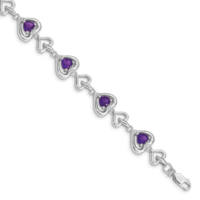 Silver Heart Genuine Amethyst Link Bracelet