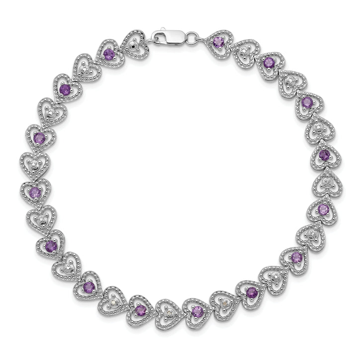 Silver Diamond Amethyst Gemstone Heart Bracelet