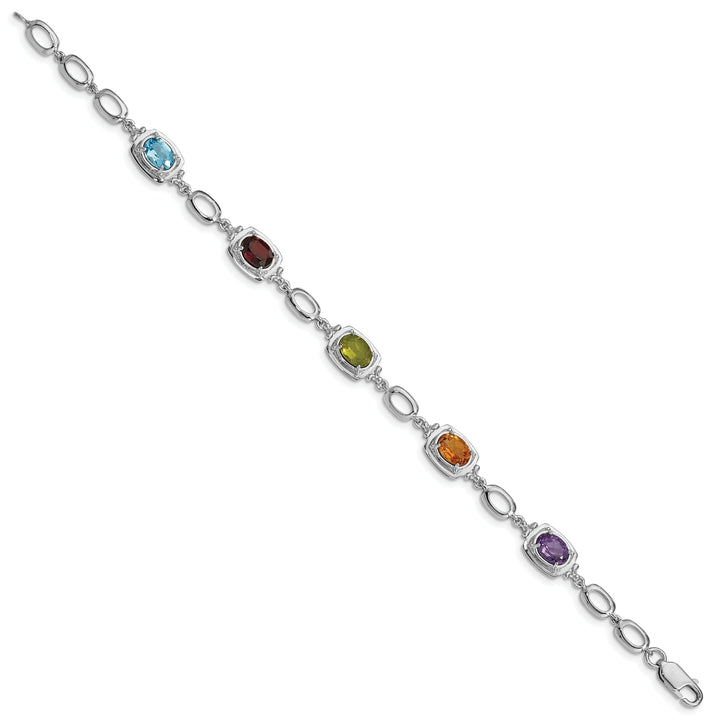 Silver Polished Multi Gemstone Link Bracelet