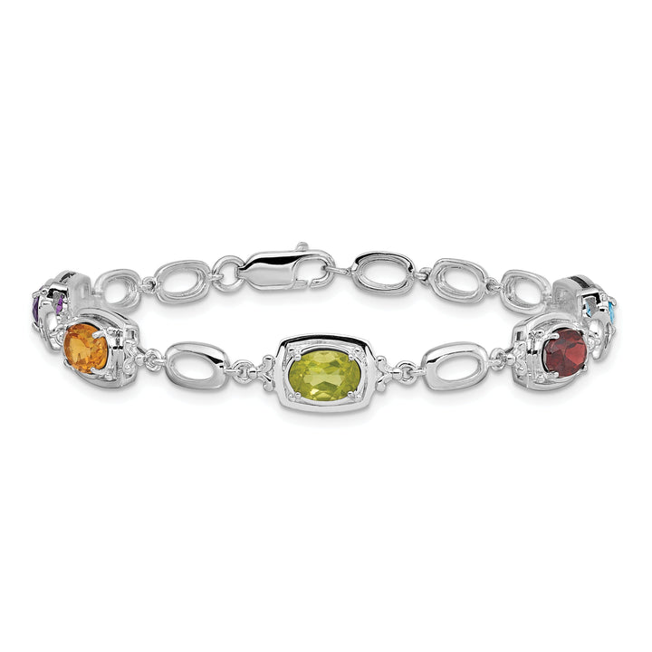 Silver Polished Multi Gemstone Link Bracelet