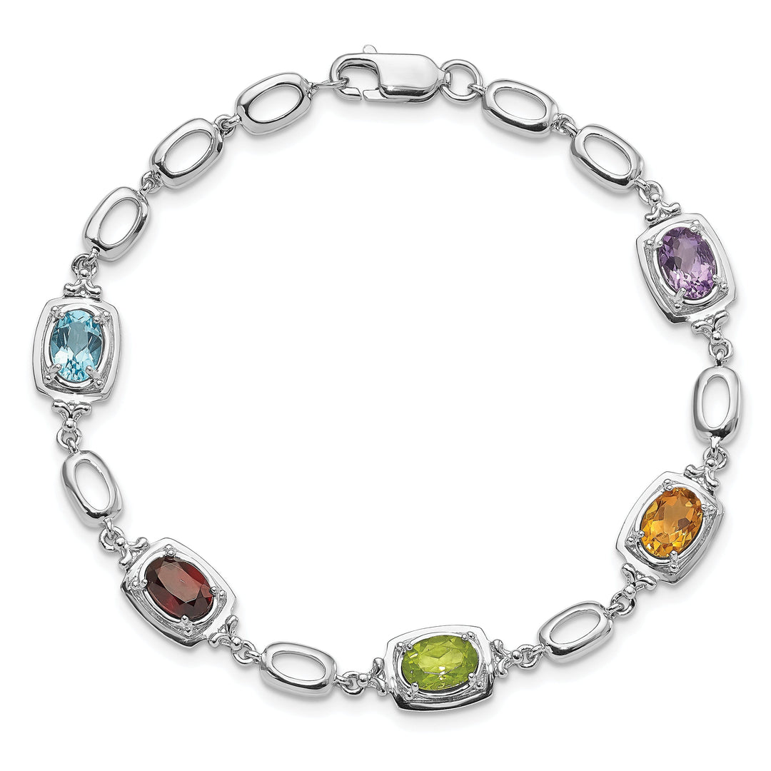 Silver Polished Multi Gemstone Link Bracelet