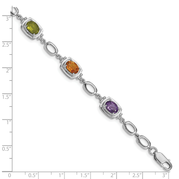 Silver Polished Multi Gemstone Link Bracelet